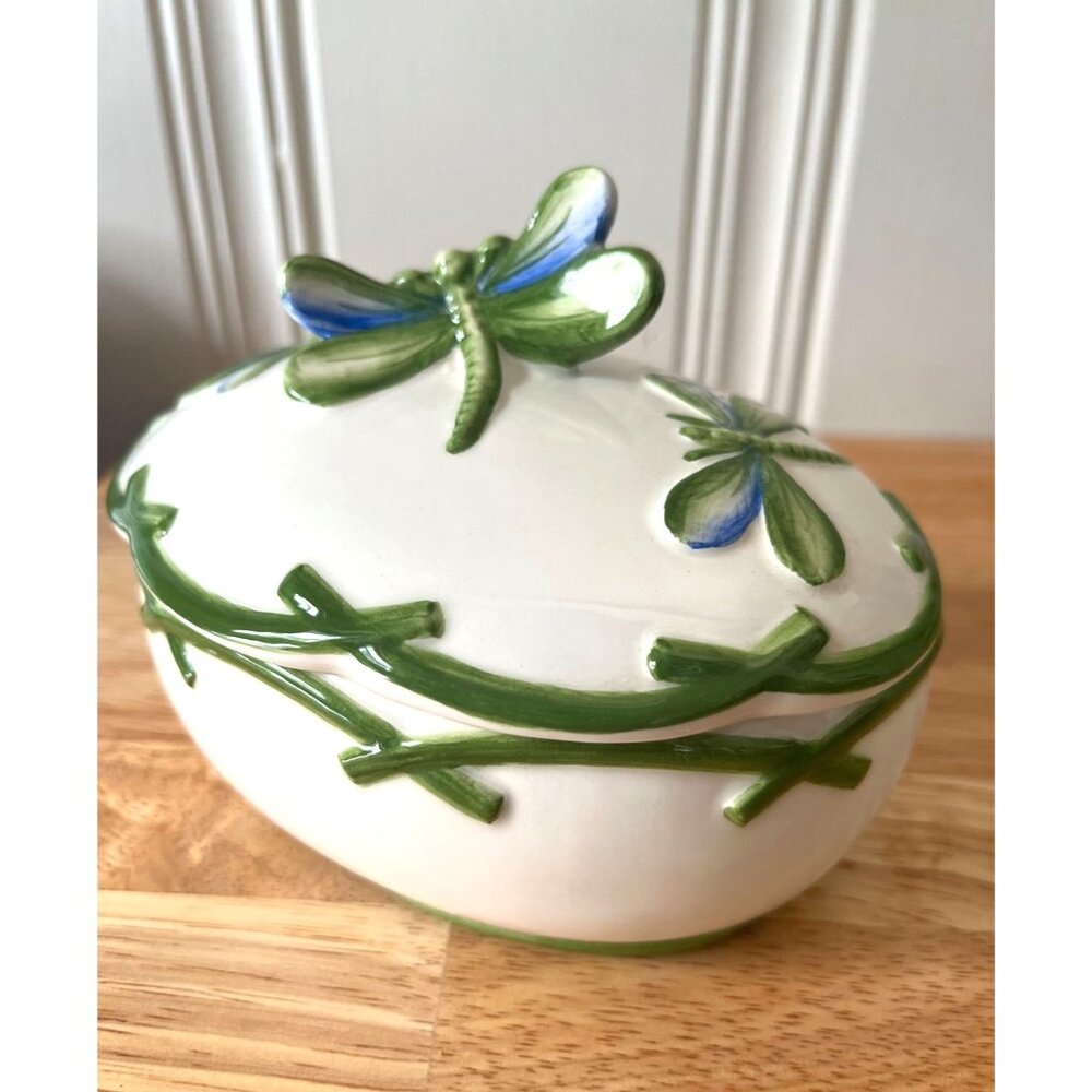 Ceramic Dragonfly-Themed Trinket Box With Lid Mariposa Hand Painted Italy